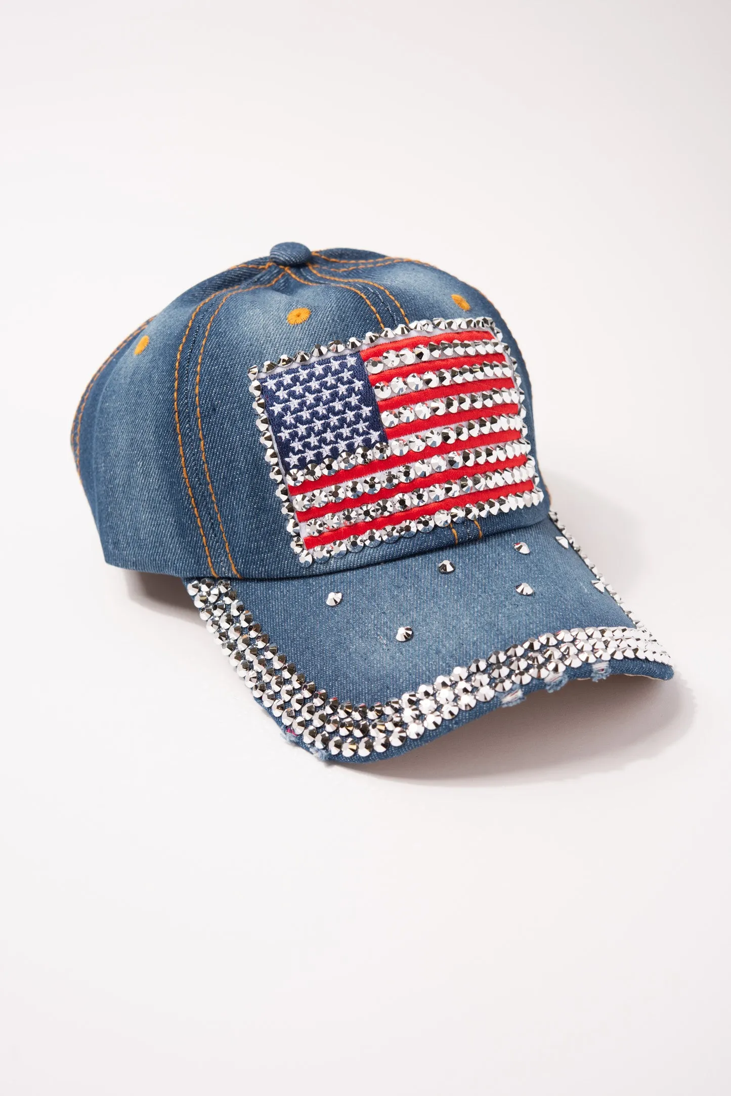 American Flag Cap with 3 Line Rhinestone Brim