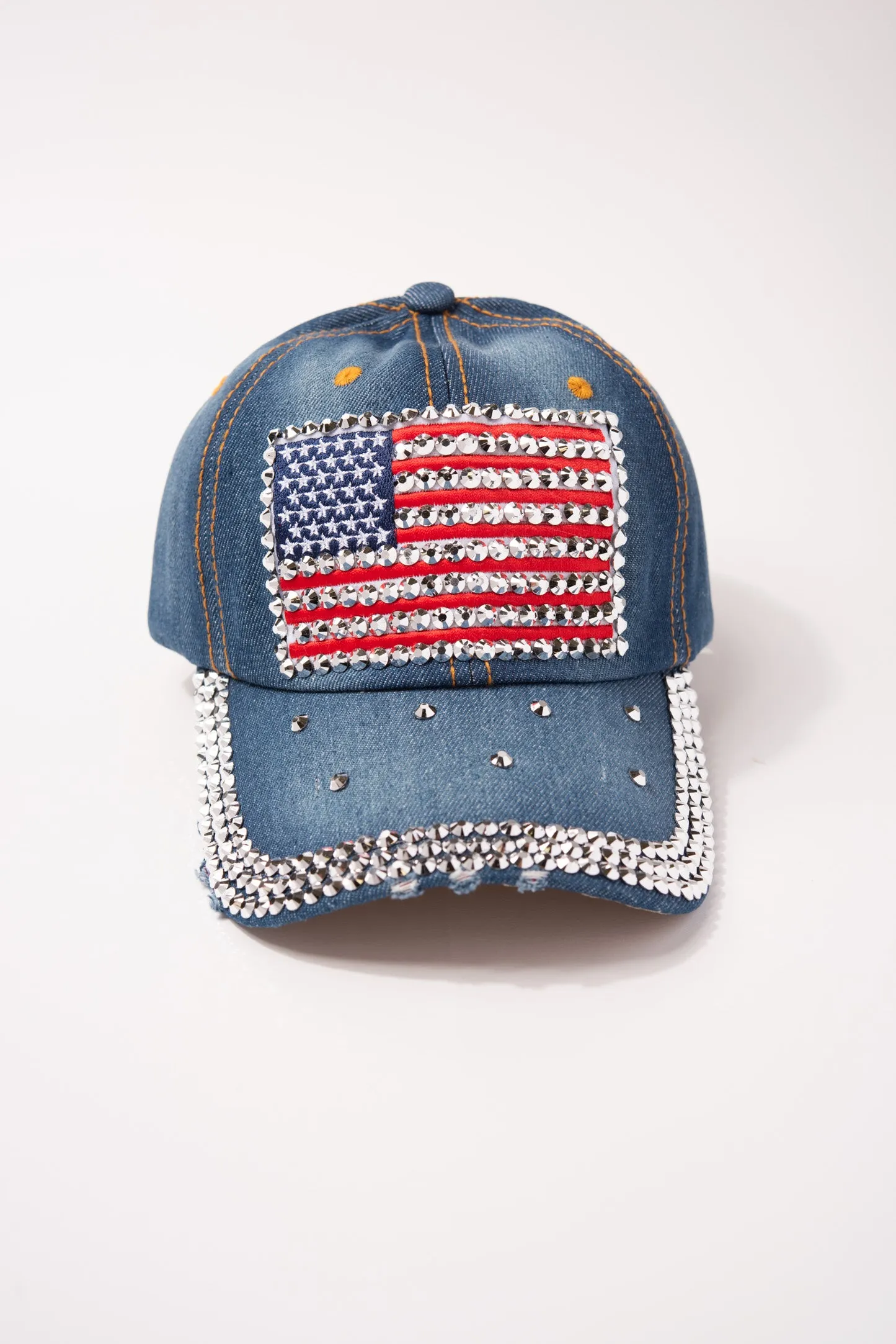 American Flag Cap with 3 Line Rhinestone Brim