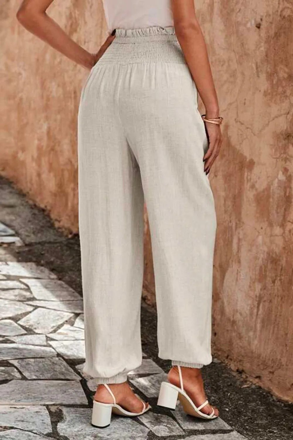 Apricot Smocked High Waist Loose Lounge Jogger Pants