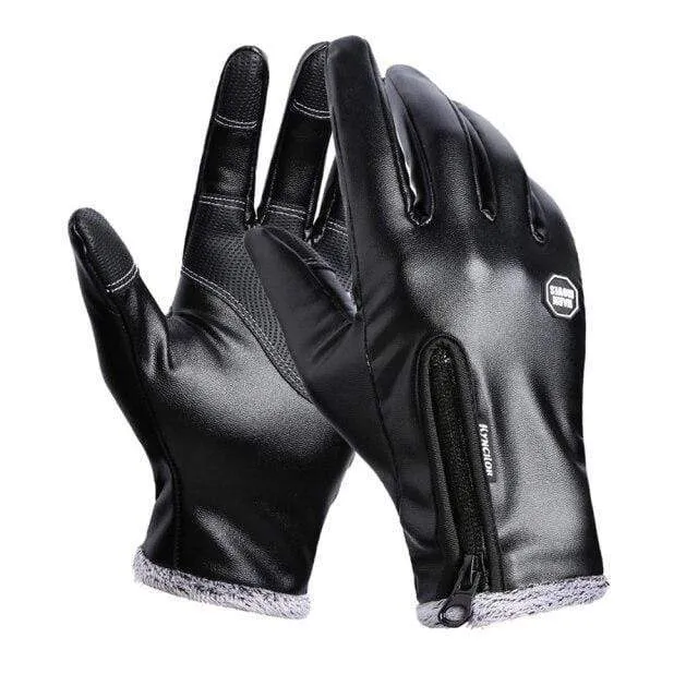 Autumn Winter Men Touch Screen Leather Gloves Waterproof Ladies Fashion Cool Black Velvet Warm Outdoor Windproof Non-Slip Gloves