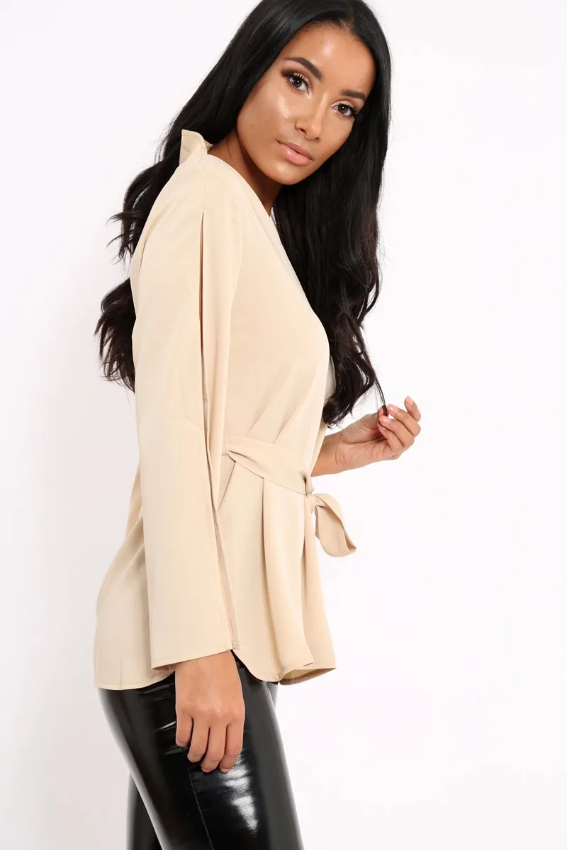 Beige Split Sleeve Top - Porter