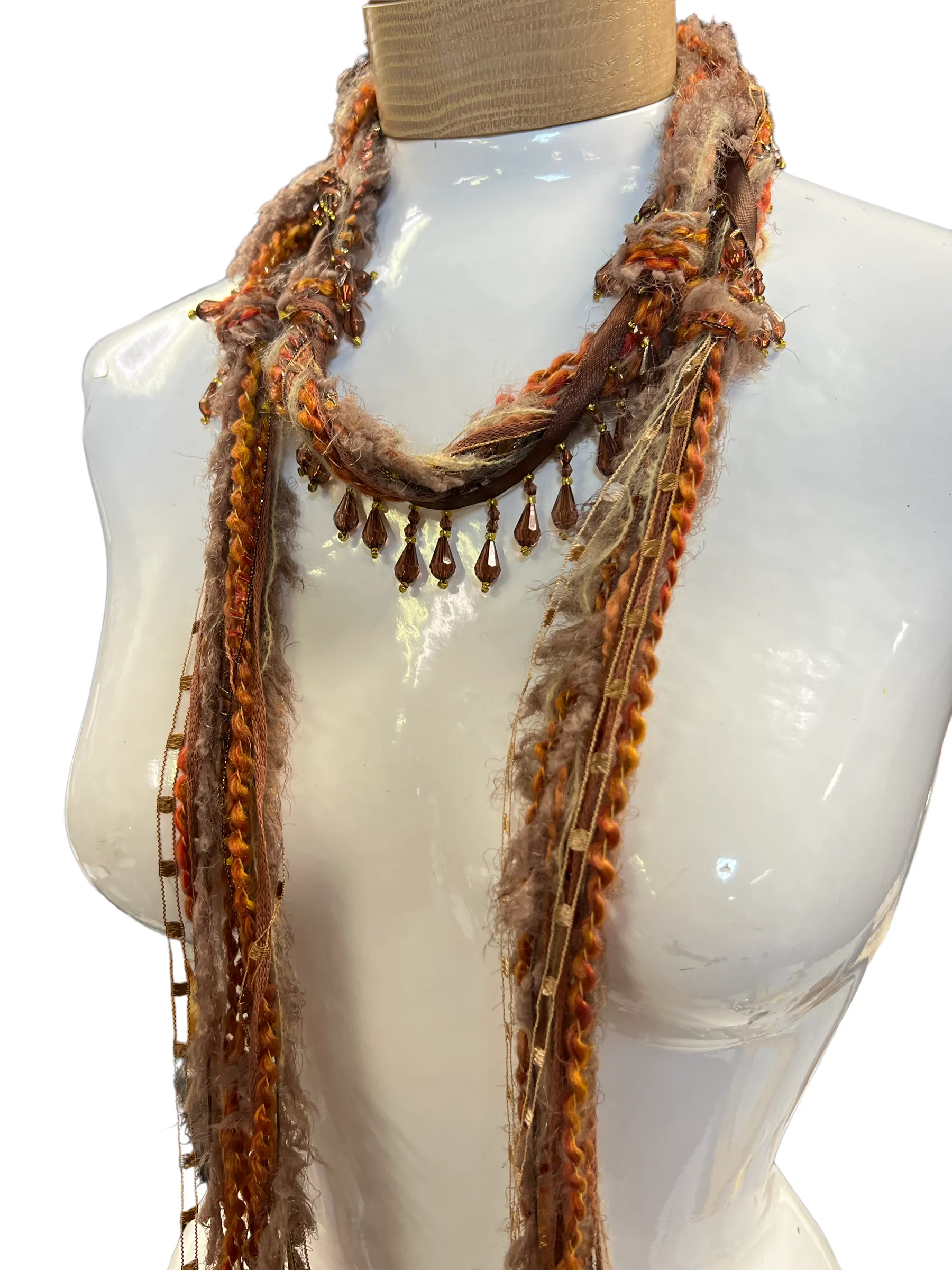 Boho Beaded Lightweight Mohair Scarf Necklace - Orange and Tan