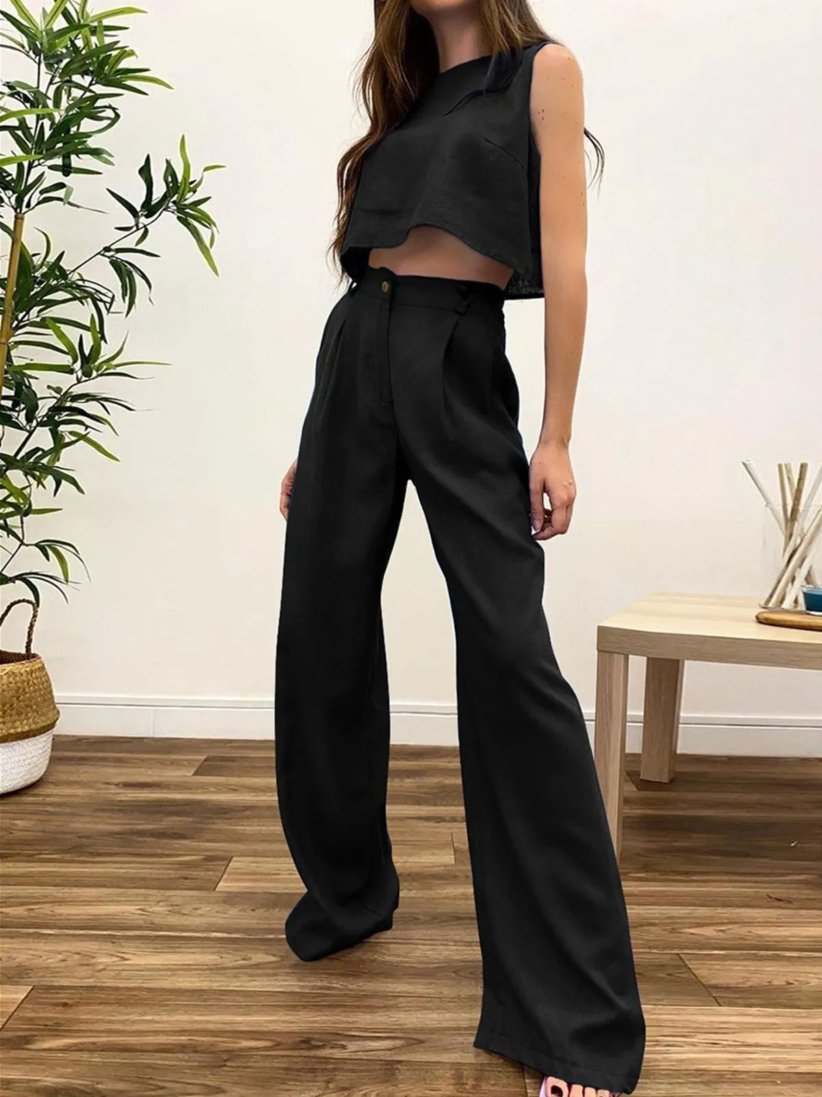 Breezy Cotton Cropped Tank Top  High Waist Pants Set