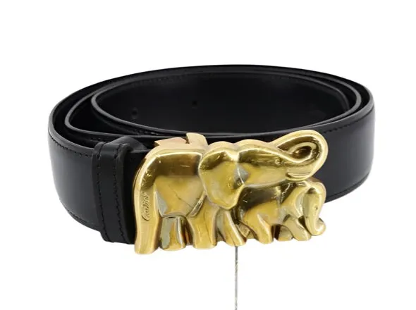 CARTIER Belt in Black Leather and Gilded Elephant Buckle