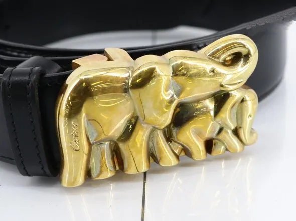 CARTIER Belt in Black Leather and Gilded Elephant Buckle