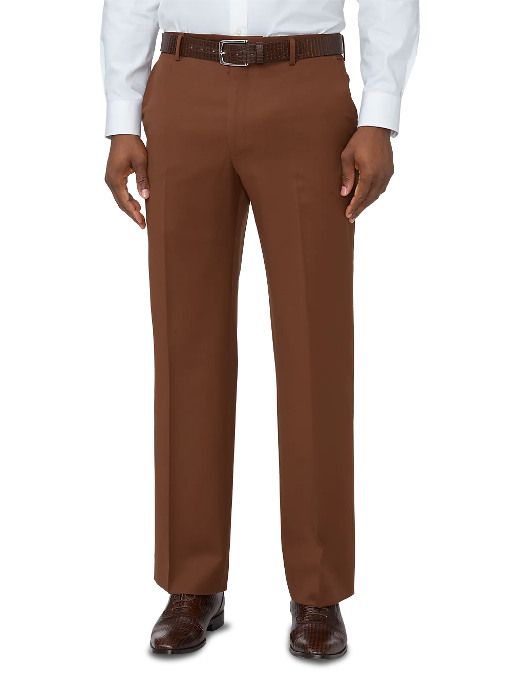 Classic Fit Wool Gabardine Flat Front Pants - Rust