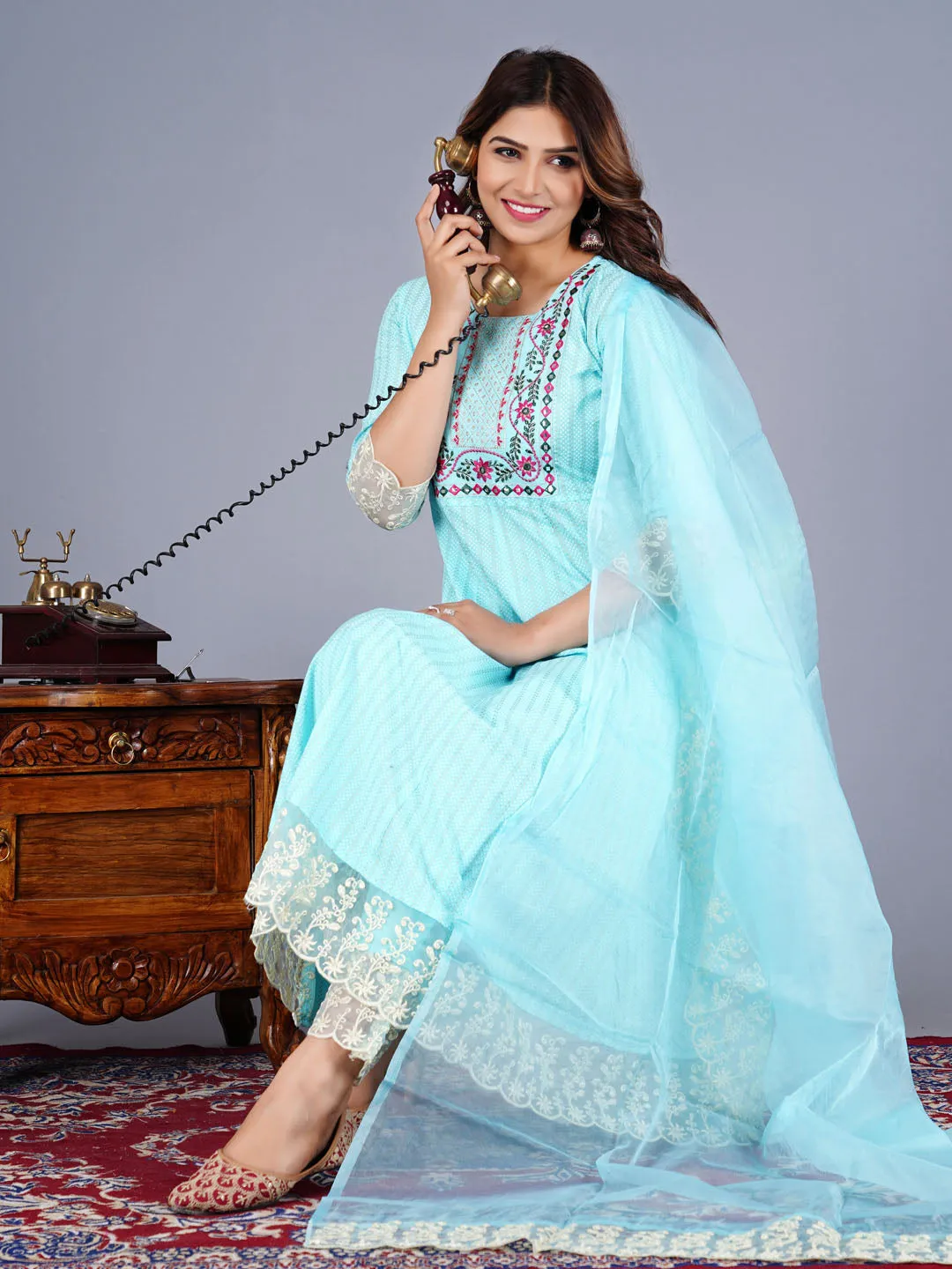 Cotton Anarkali Embroidered Suit Set With Lace