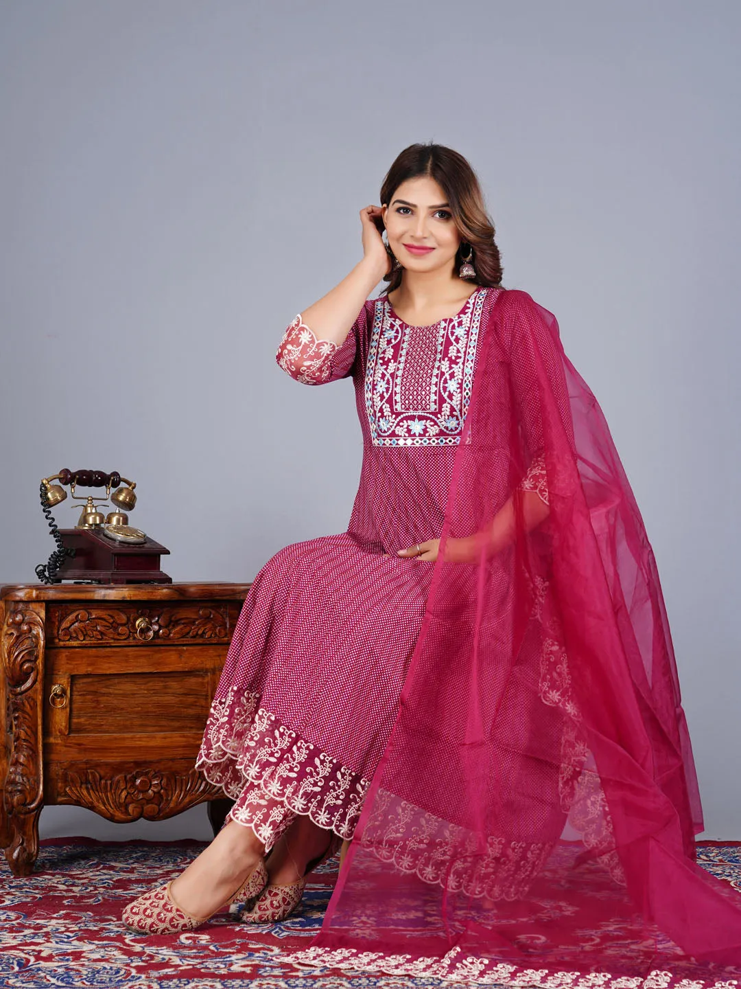 Cotton Anarkali Embroidered Suit Set With Lace