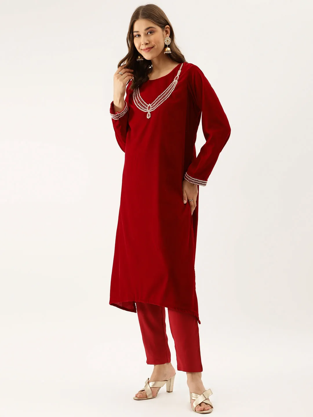 Divena Maroon Plain Velvet Bead work Embroidered Kurta Set with Organza Dupatta