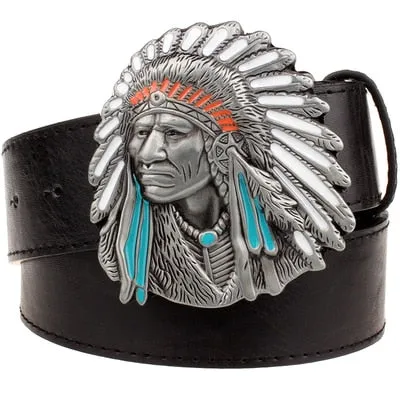 Fashion men belt indian head buckle west cowboy belt for men punk rock belts