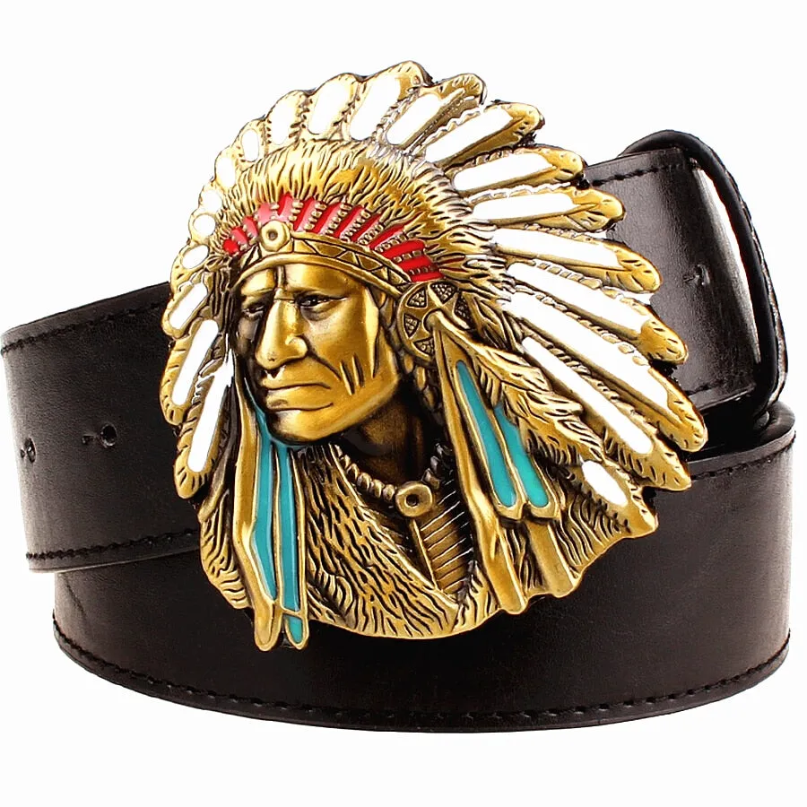 Fashion men belt indian head buckle west cowboy belt for men punk rock belts