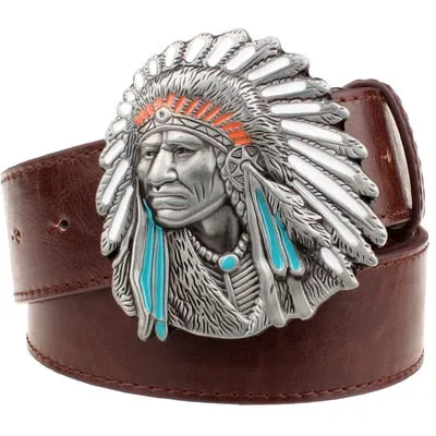 Fashion men belt indian head buckle west cowboy belt for men punk rock belts