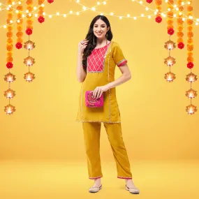 Festive Solid Yoke Short Kurti With Matching Pant Set