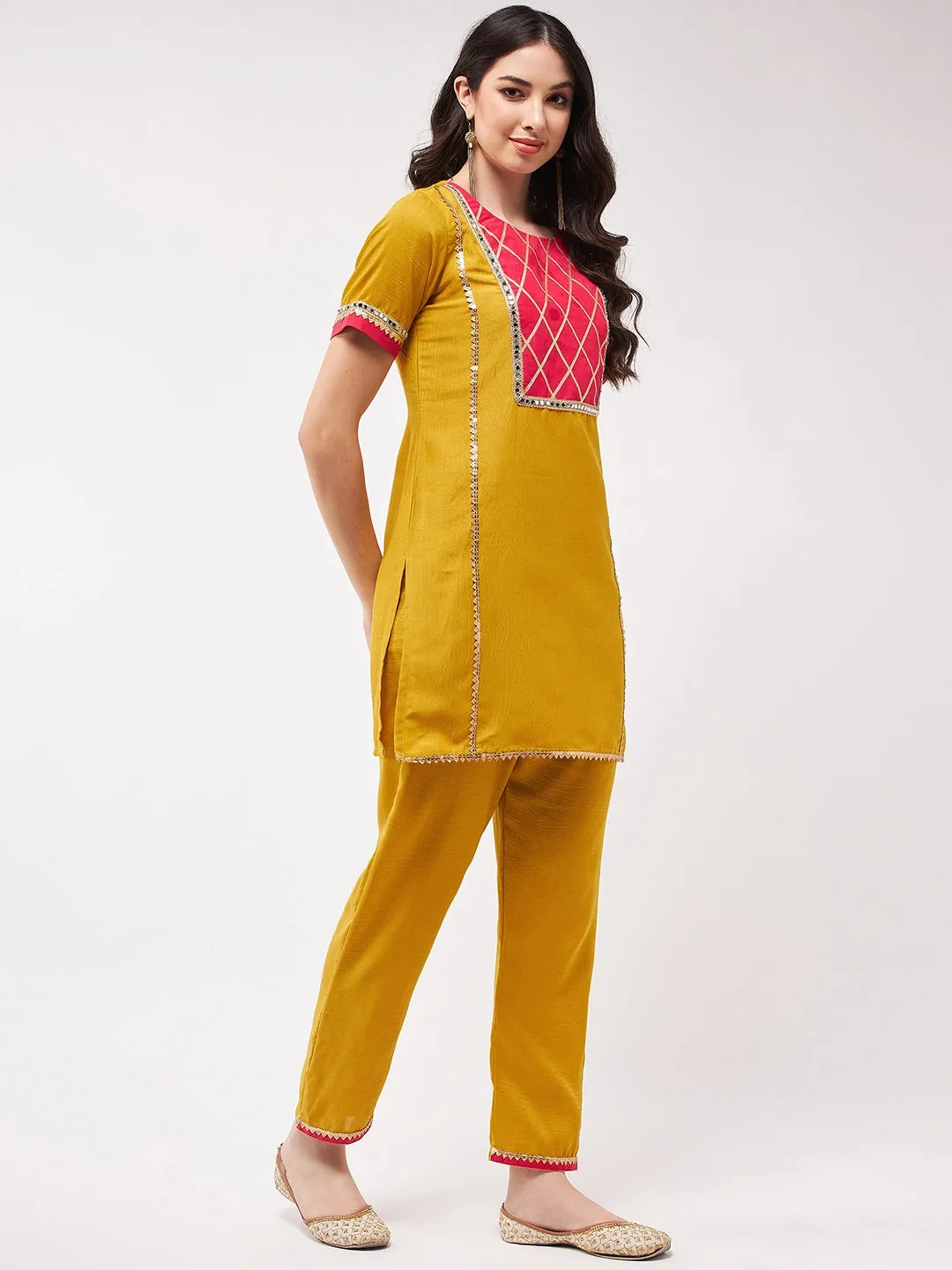 Festive Solid Yoke Short Kurti With Matching Pant Set