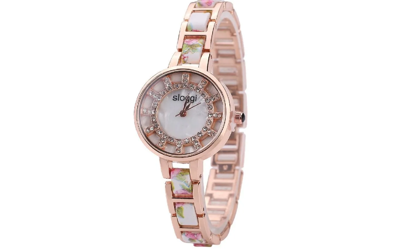 Flower Printed Alloy Band Full Diamond Bracelet Watch