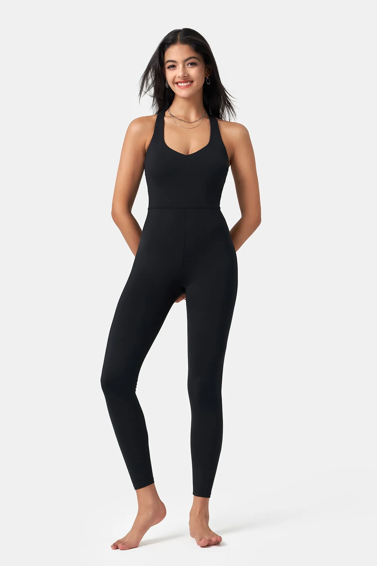 Form-Fitting Cross-Back Jumpsuit with Full-Length Pants