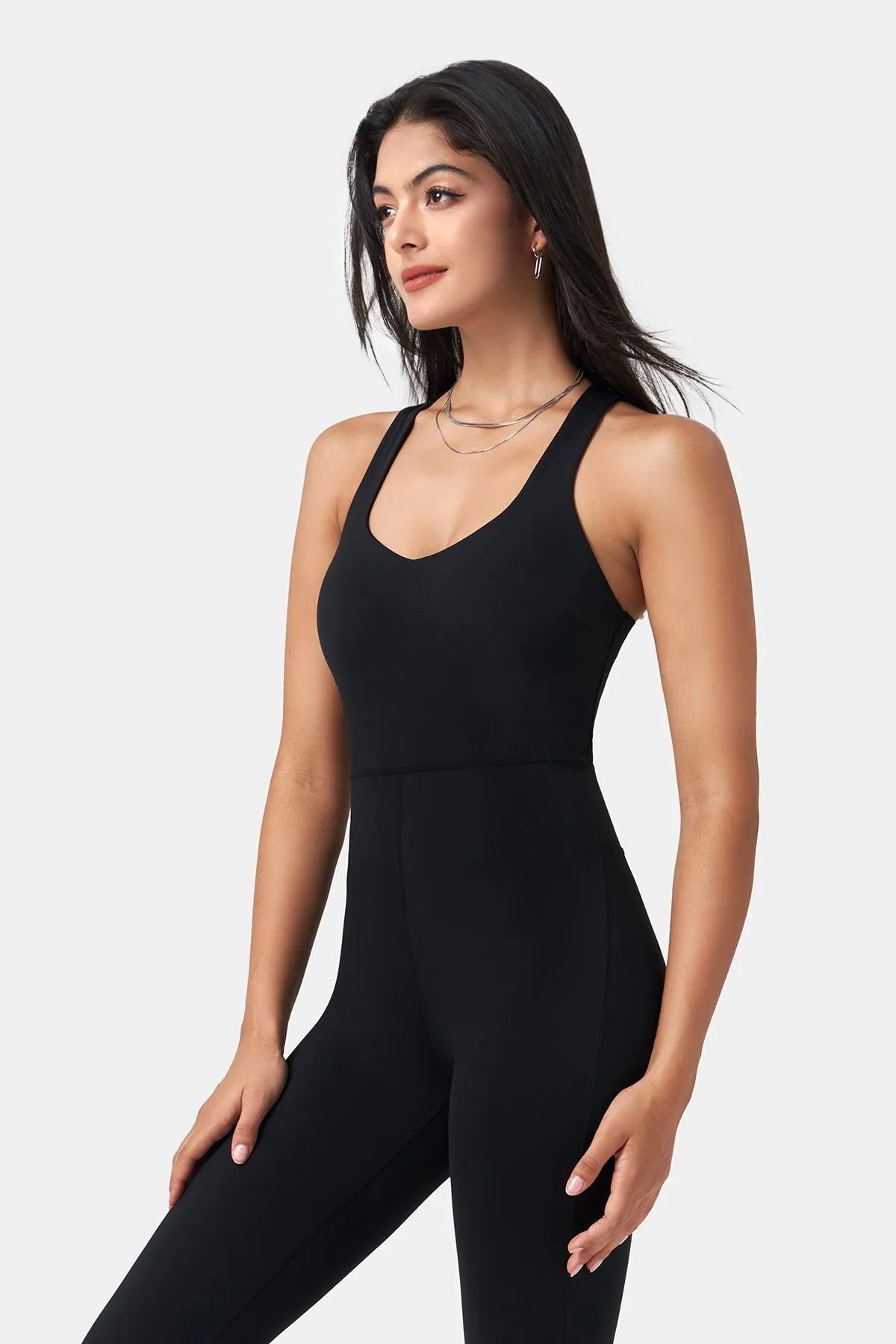 Form-Fitting Cross-Back Jumpsuit with Full-Length Pants