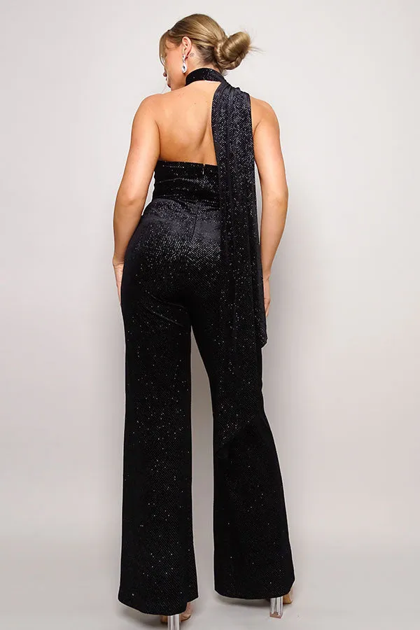 Glittery Velvet Scarf Top Jumpsuit