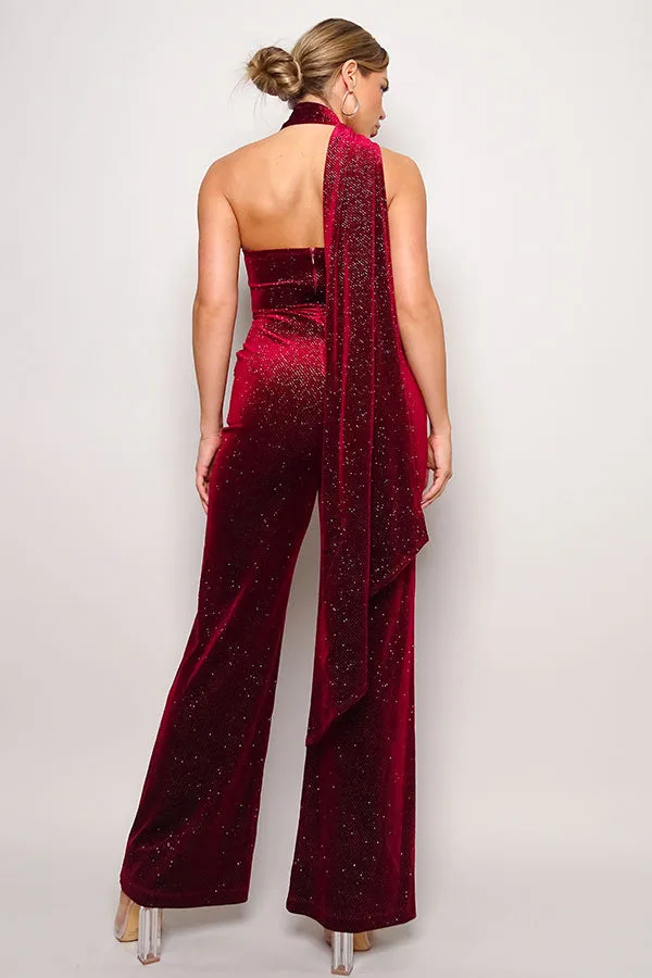 Glittery Velvet Scarf Top Jumpsuit