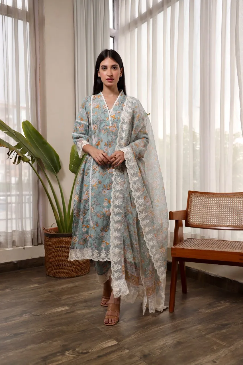 Grey flower jaal handblock cotton straight set