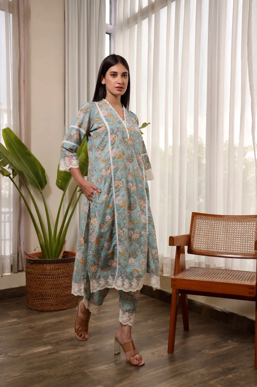 Grey flower jaal handblock cotton straight set