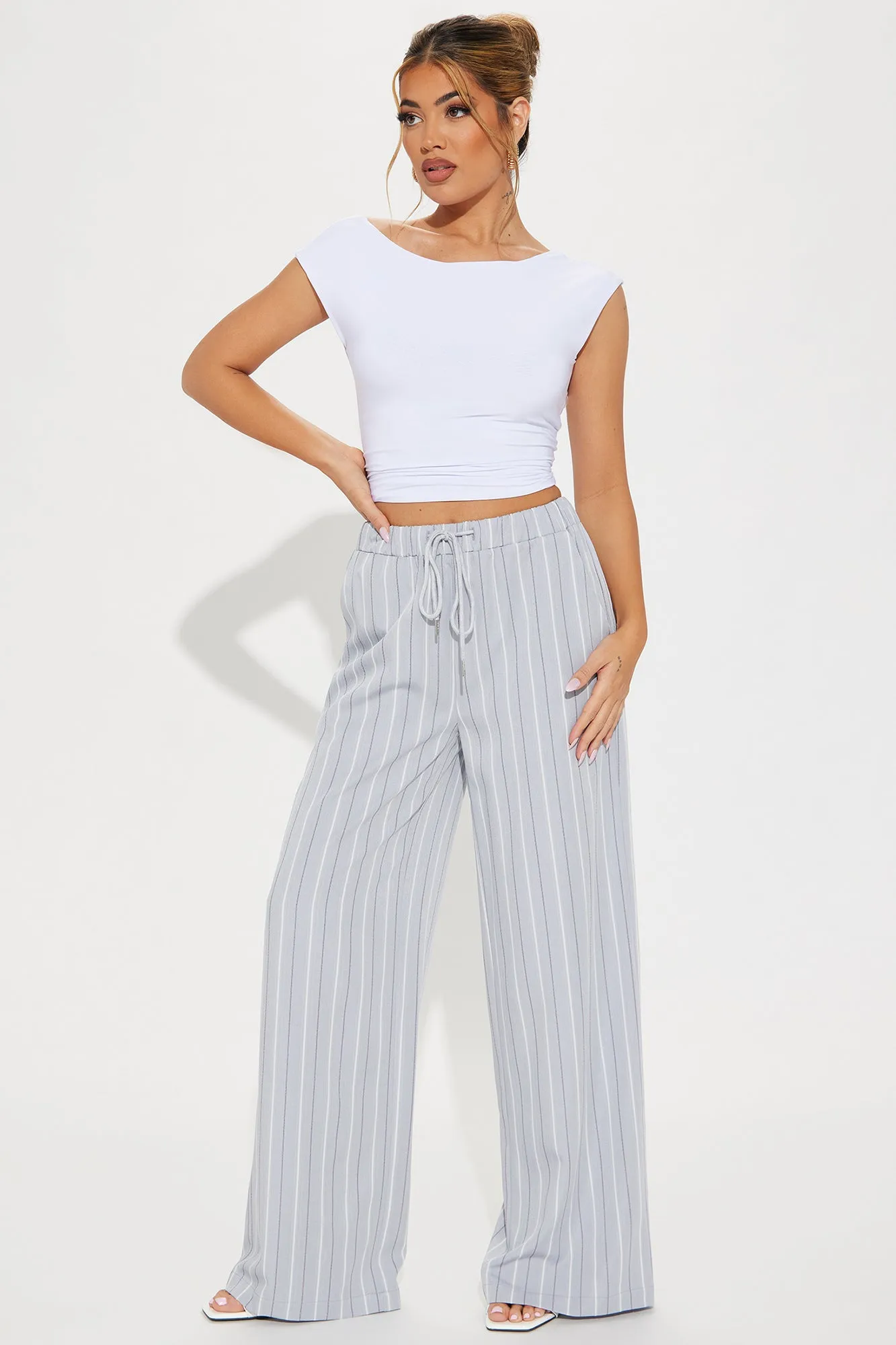 Keep It Flowing Pinstripe Wide Leg Pant - Grey