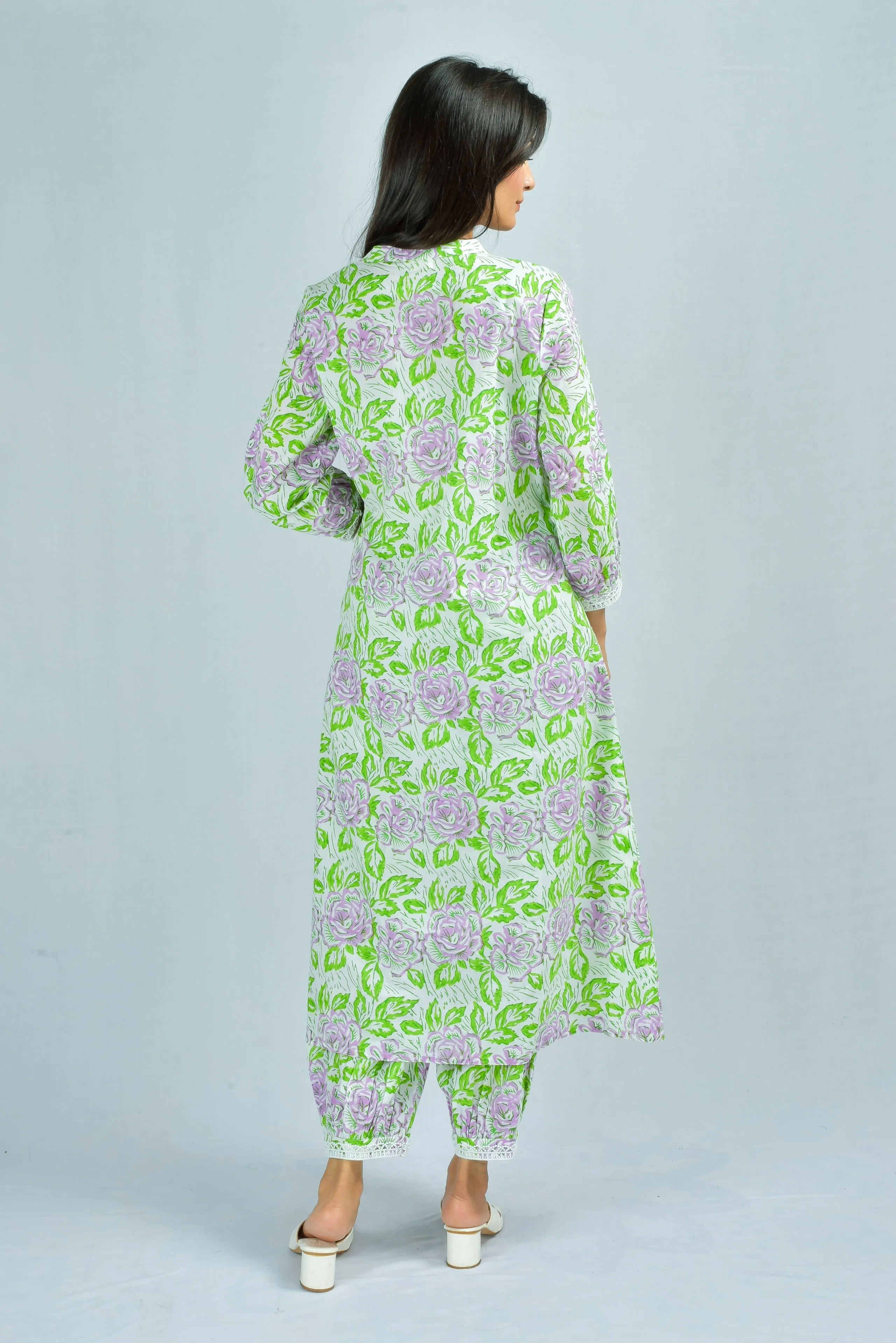 Lavender Green roses kurta and pants set Hand Block Printed