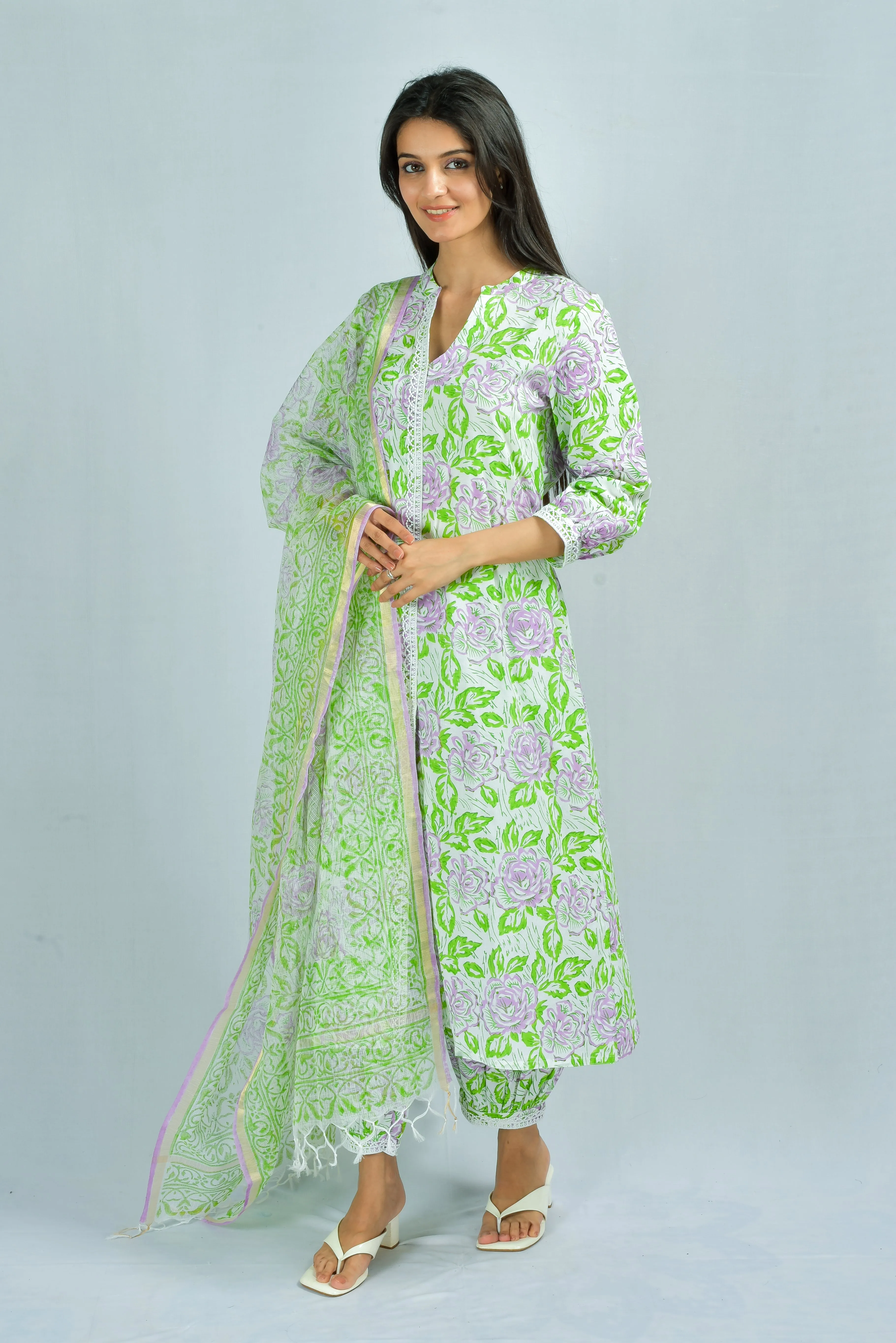 Lavender Green roses kurta and pants set Hand Block Printed