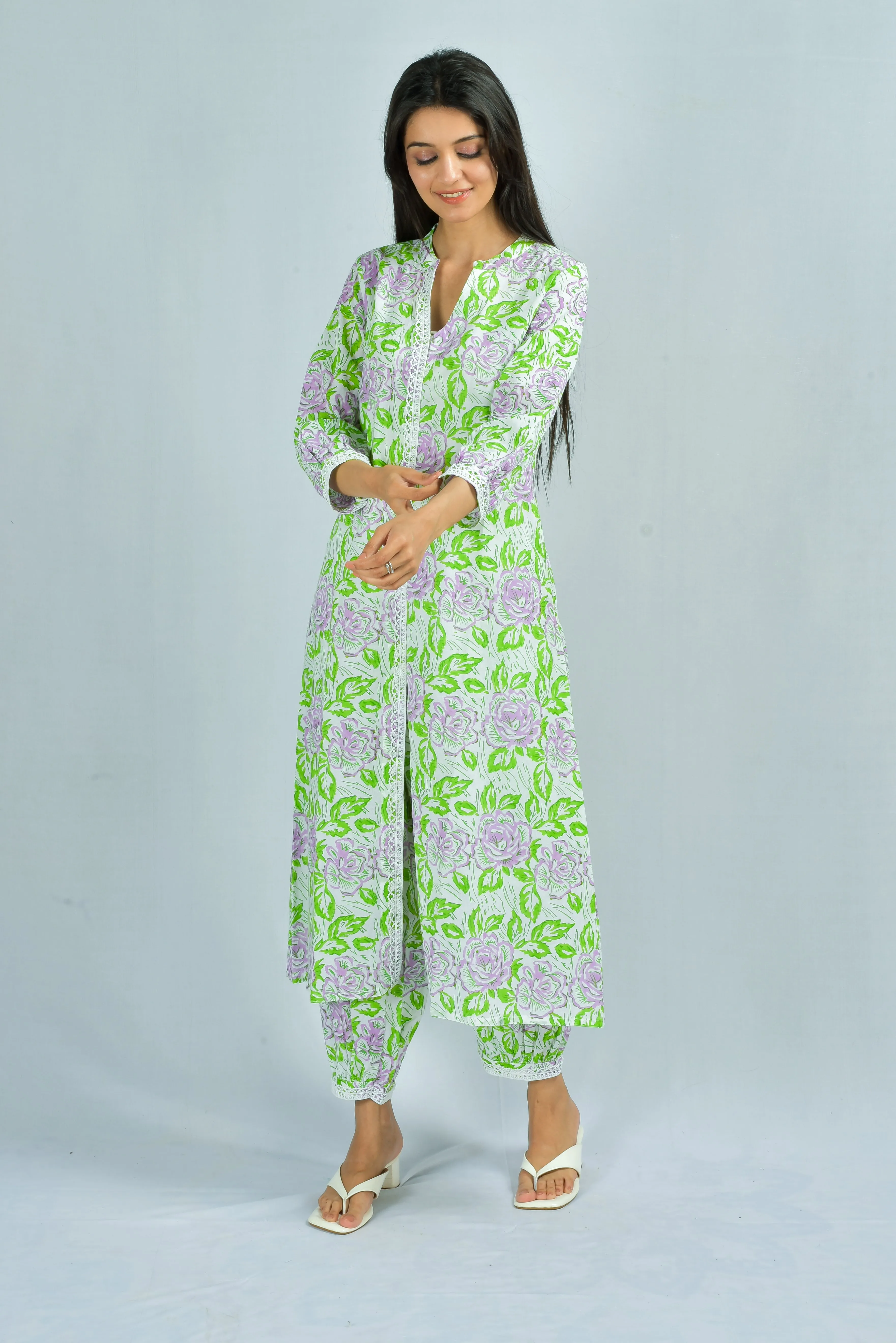 Lavender Green roses kurta and pants set Hand Block Printed