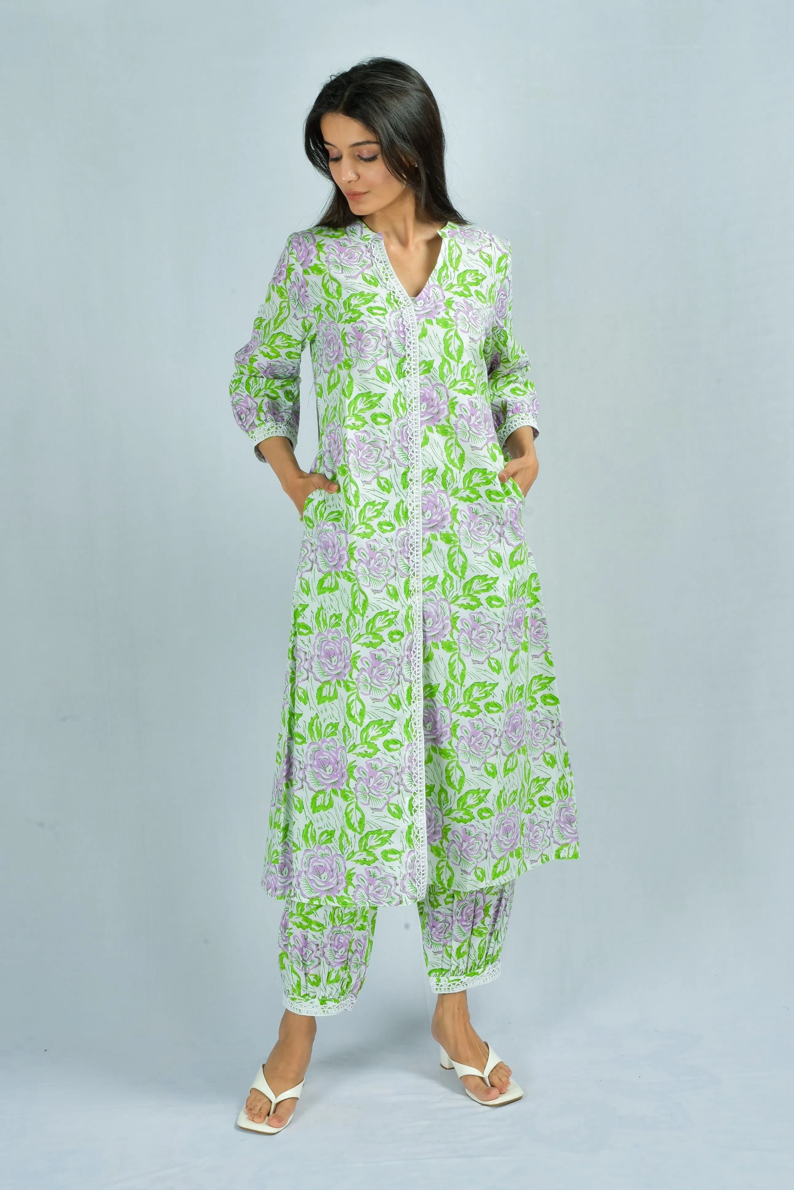 Lavender Green roses kurta and pants set Hand Block Printed