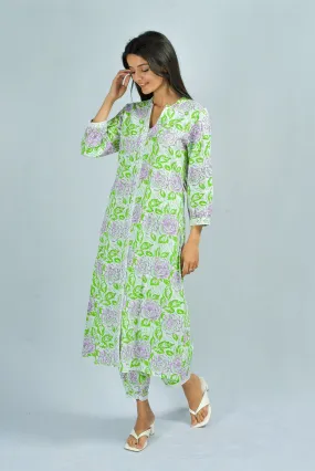 Lavender Green roses kurta and pants set Hand Block Printed