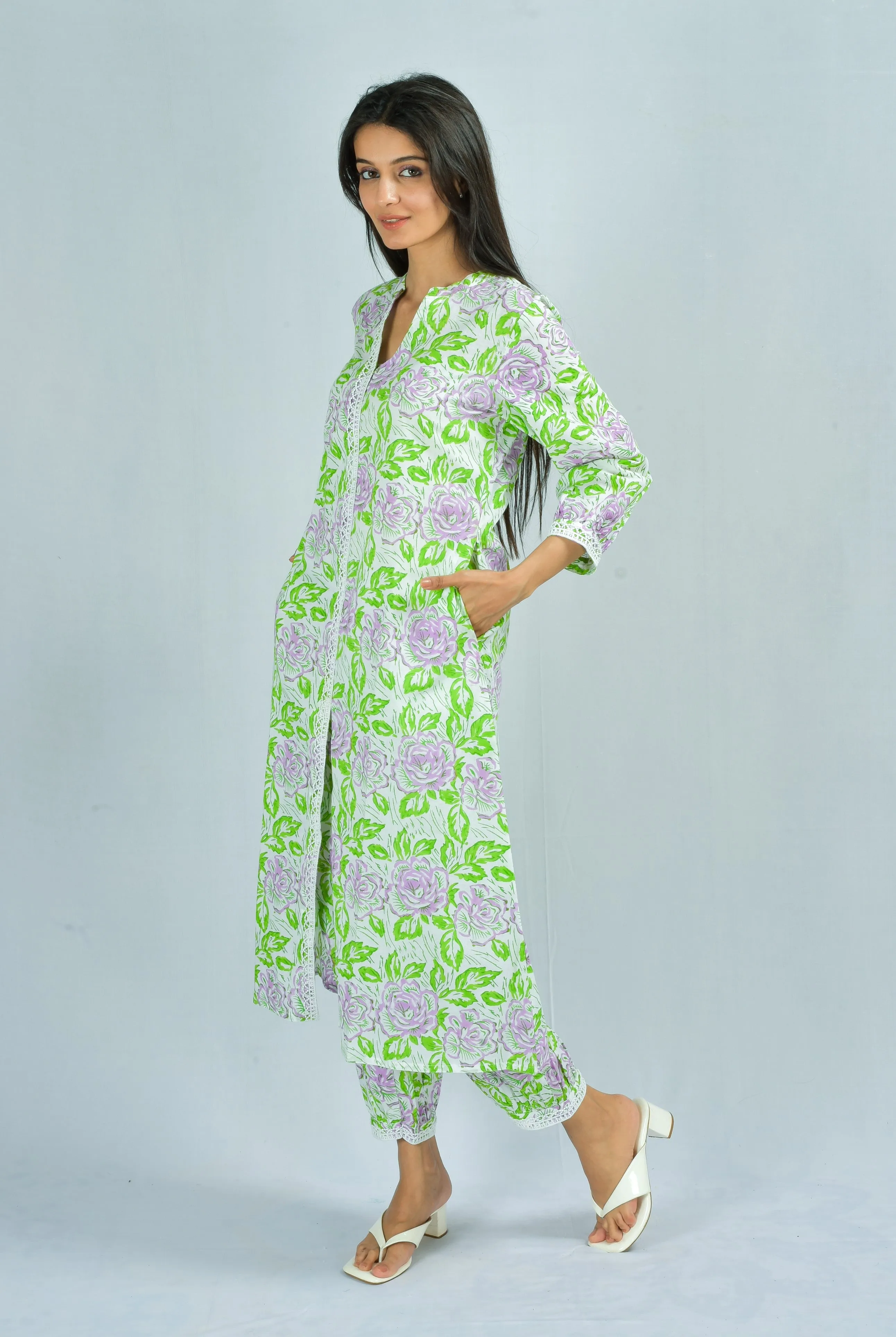 Lavender Green roses kurta and pants set Hand Block Printed