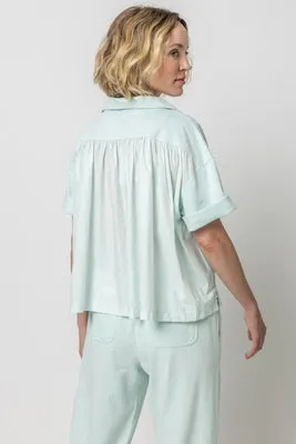 Lilla P Mixed Media Collared Top - (sky or white)