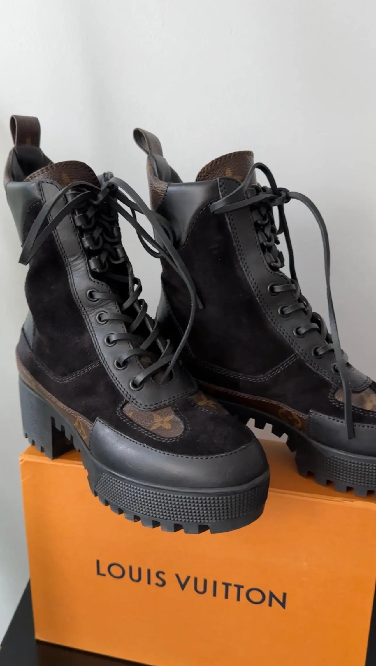 Louis Vuitton Black Suede and Monogram Laureate Platform Desert Combat Boot - 36