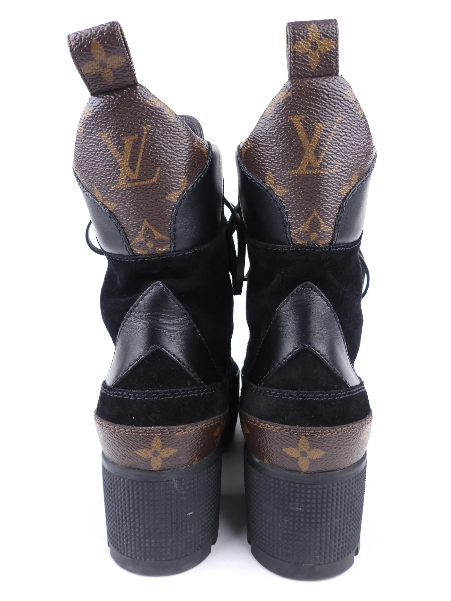 Louis Vuitton Black Suede and Monogram Laureate Platform Desert Combat Boot - 36