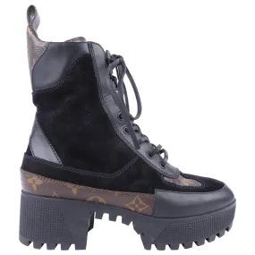 Louis Vuitton Black Suede and Monogram Laureate Platform Desert Combat Boot - 36