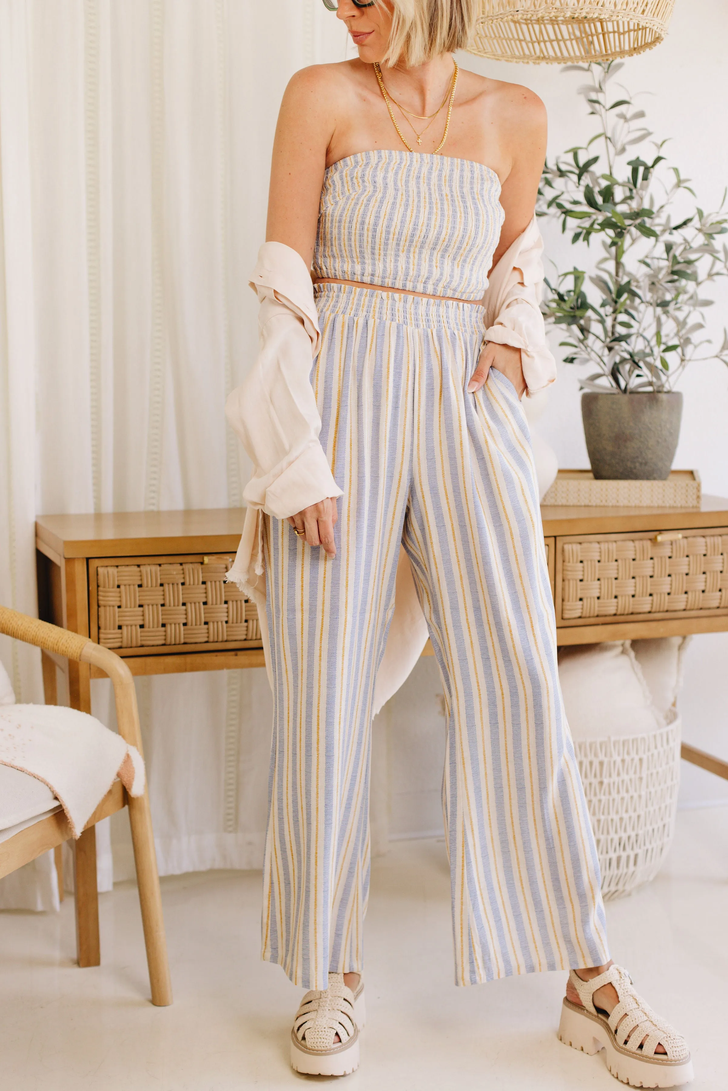 Rayon Striped Smock Bandeau Top and Palazzo Pants (S-L)