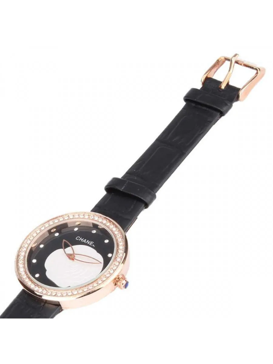 Rose Gold - Black / White Flower Dial - Crystal - Black - 008