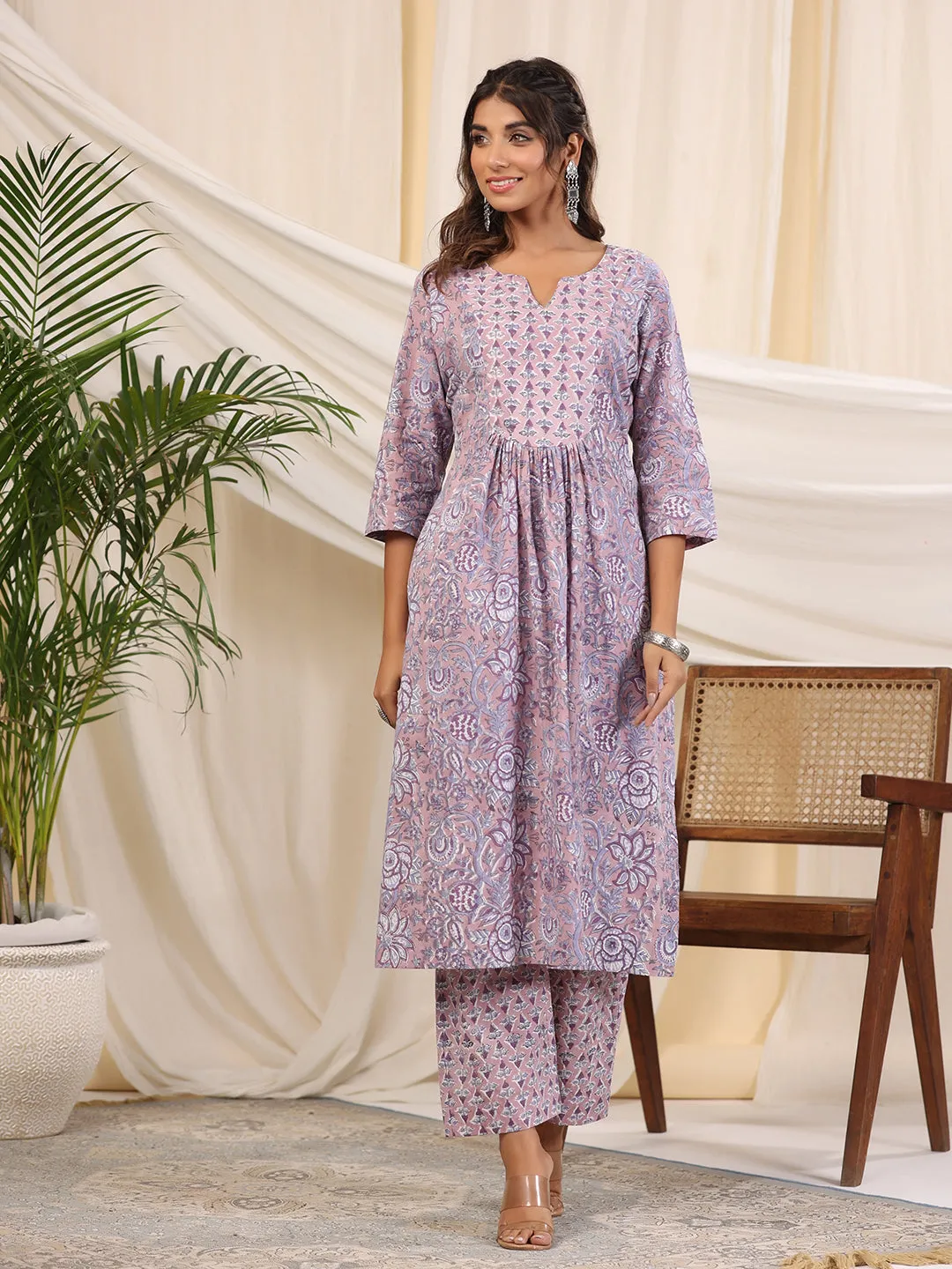 Sadabahaar Mauve & Purple Jaal Handblock Printed Cotton Kurta Pant Set