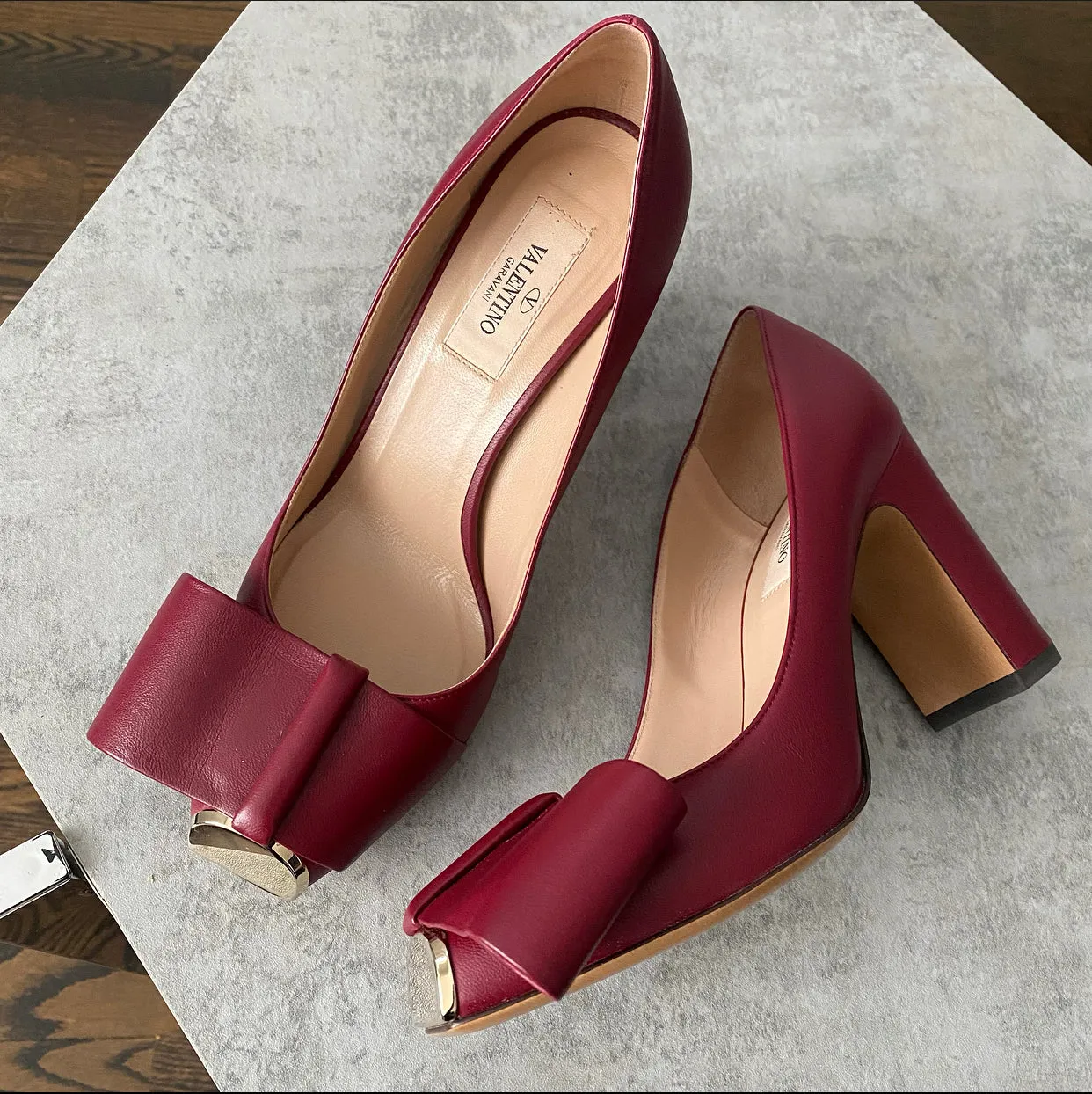 Valentino Burgundy Leather Metal Cap Toe Pumps - 8