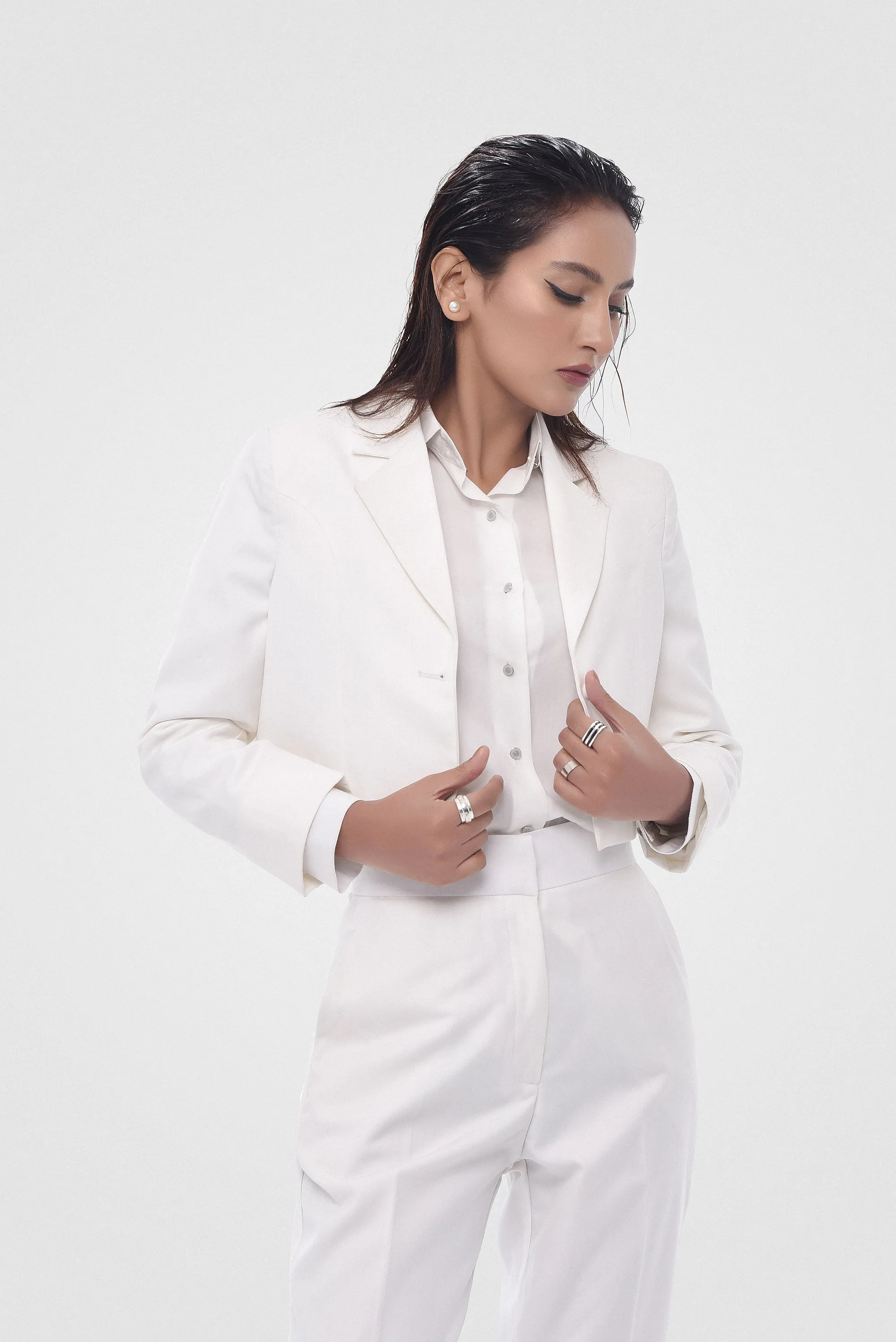 White Bird Crop Jacket Slacks Set