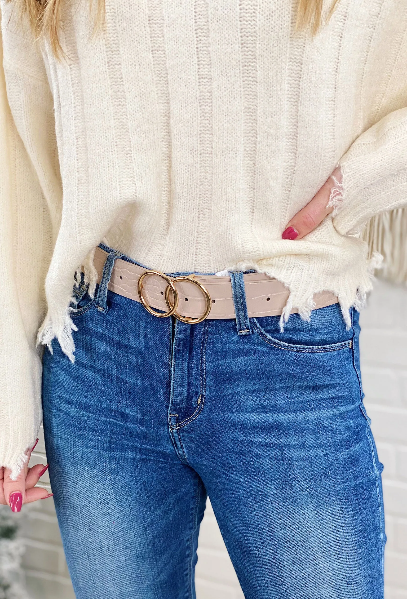 Wide Double Circle Belt in Dove Croc