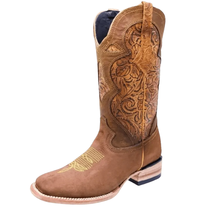 Women's Honey with Hand Tooled Design Leather Square Toe Rodeo Boot