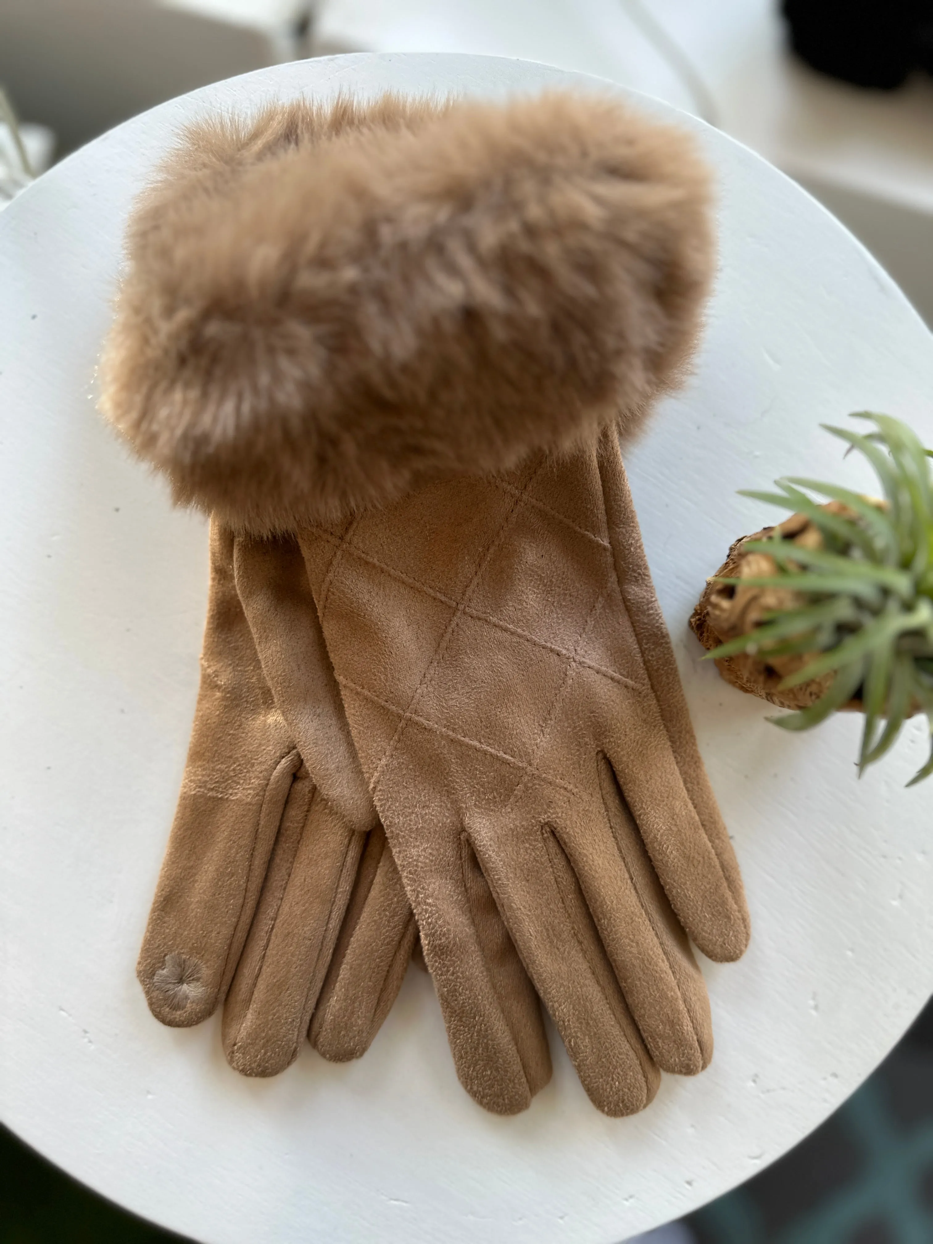 Women's Vegan Suede With Fluffy Faux Fur Trim Touch Smart Gloves